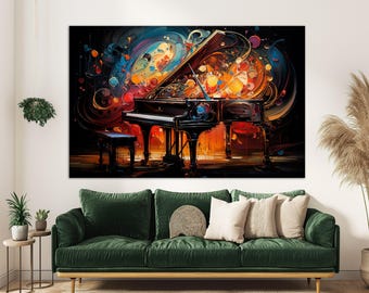 May include: A colorful abstract painting of a grand piano with a black and white keyboard. The piano is surrounded by swirling colors and shapes, creating a sense of movement and energy.