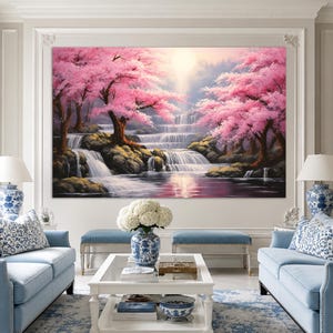 Pintura em tela com flores de cerejeira no Japão, arte de parede com paisagem japonesa, arte em tela japonesa