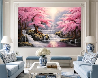Cherry Blossom in Japan Painting Canvas Print, Japanese Landscape Wall Art, Japan Canvas Art