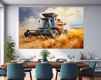 Harvester on the Field Canvas Print, Farmhouse Wall Art, Field Painting, Farm Wall Decor, Harvesting Wall Art, Harvesting Canvas Art