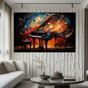 Pu&ograve; includere: Dipinto astratto di un pianoforte a coda nero su uno sfondo colorato. Il pianoforte &egrave; circondato da colori e forme vorticose, creando un senso di movimento ed energia.