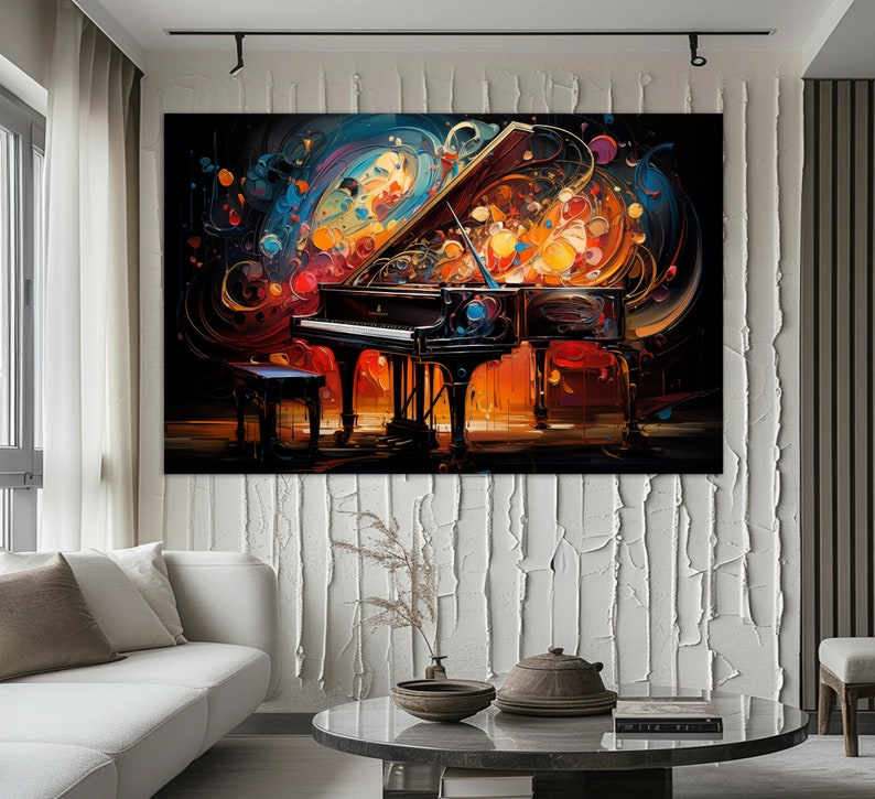 Pu&ograve; includere: Dipinto astratto di un pianoforte a coda nero su uno sfondo colorato. Il pianoforte &egrave; circondato da colori e forme vorticose, creando un senso di movimento ed energia.