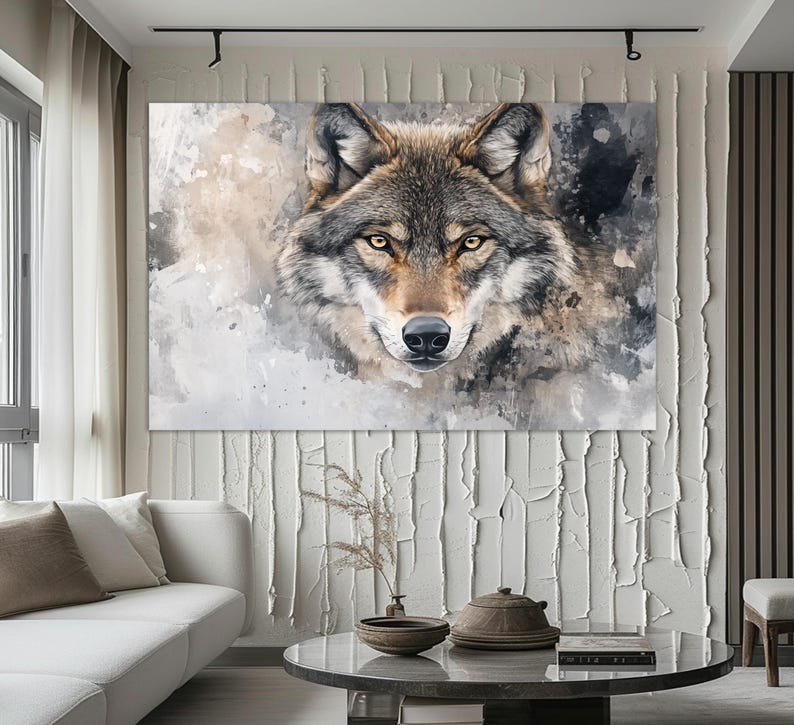 May include: A watercolor painting of a wolf's face. The wolf has a light brown and gray coat with a black nose and dark eyes. The background is a light gray with splashes of white.