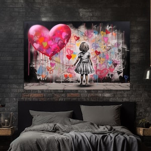 Mädchen mit großem Herz Graffiti-Leinwanddruck, Hope-Wandkunst, Schlafzimmer-Wanddekoration, inspirierendes Poster, Graffiti-Wandkunst im Banksy-Stil