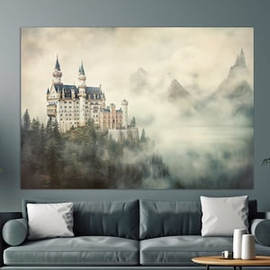 Misty Neuschwanstein Castle Painting, Neuschwanstein Canvas Print, Germany Canvas Art
