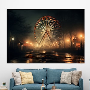 Evening Park with Ferris Wheel Canvas Print, Romantic Wall Art, Abstract Misty Park Painting