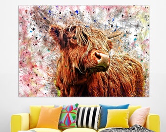 Highland Cow Canvas Print, Highland Cow Painting, Modern Wall Art