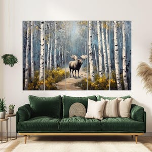 May include: A multi-panel canvas print featuring a moose standing in a birch forest. The moose is brown and white, and the forest is painted in shades of green, blue, and white.