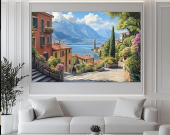 May include: A colorful painting of a picturesque Italian village nestled in a mountain valley. The scene features a winding cobblestone path leading up to a charming church with a bell tower. Lush greenery, vibrant flowers, and traditional Italian architecture create a beautiful and inviting atmosphere.