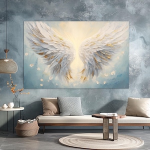 Angel Wings Painting Canvas Print, White Angel Wings Canvas Print, Religious Wall Art, Angels Wall Art