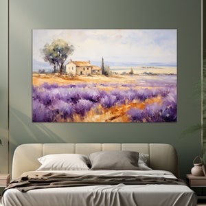 May include: A painting depicting a small cottage with a lavender field in the foreground. The cottage is painted in shades of brown and white, with a green roof. The lavender field is a vibrant purple, with a few patches of green grass. The sky is a light blue, with a few white clouds.