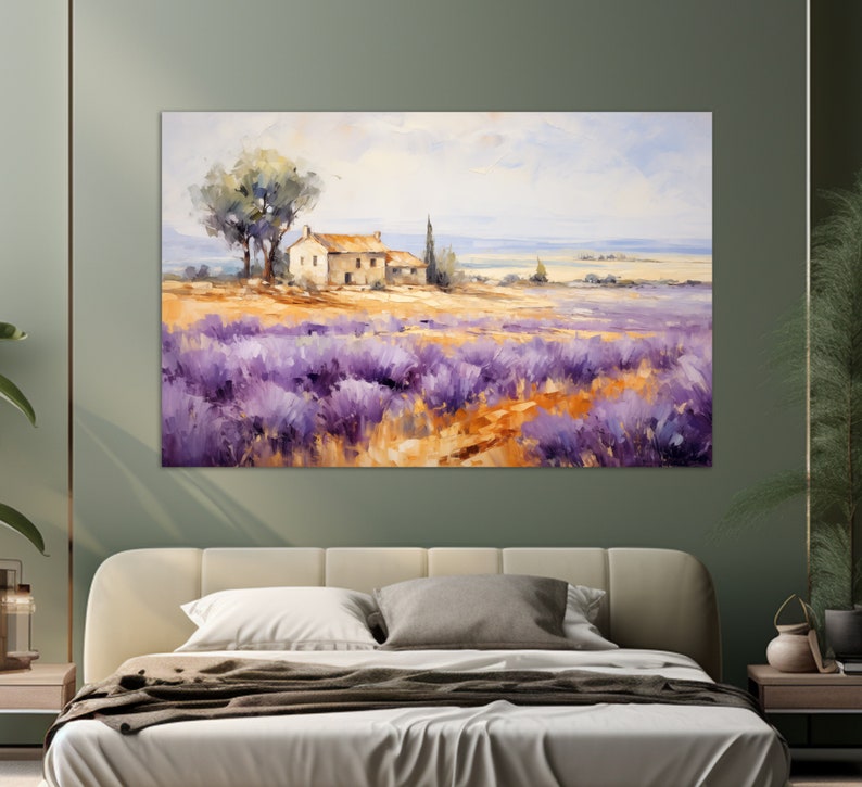 May include: A painting depicting a small cottage with a lavender field in the foreground. The cottage is painted in shades of brown and white, with a green roof. The lavender field is a vibrant purple, with a few patches of green grass. The sky is a light blue, with a few white clouds.