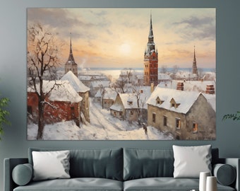 Misty Tallinn Canvas Print, Winter Tallinn Painting, Abstract Tallinn Wall Art, Estonia