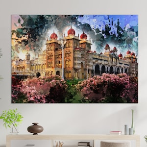 May include: A watercolor painting of a large, ornate palace with a colorful facade and a lush green garden in the foreground. The palace has a series of arches and columns, and the garden is filled with pink flowers.