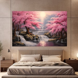 Cherry Blossom in Japan Painting Canvas Print, Japanese Landscape Wall Art, Japan Canvas Art