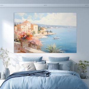 Vintage French Riviera Wall Art, Côte d&#39;Azur Canvas Print, Azure Coast Painting, Retro France Painting