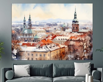 Misty Ljubljana Painting, Ljubljana Canvas Print, Slovenia Wall Art, Ljubljana Winter Skyline, Ljubljana Wall Art