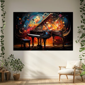 Pu&ograve; includere: Un pianoforte a coda nero su uno sfondo astratto colorato. Il pianoforte &egrave; circondato da colori e forme vorticose, creando un senso di movimento ed energia.