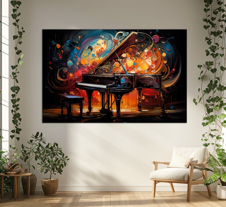 Pu&ograve; includere: Un pianoforte a coda nero su uno sfondo astratto colorato. Il pianoforte &egrave; circondato da colori e forme vorticose, creando un senso di movimento ed energia.