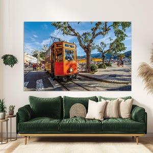 Old Tram on Palma de Mallorca Canvas Print, Palma de Mallorca Wall Art, Mallorca Painting, Spain Canvas Art, Mallorca Downtown