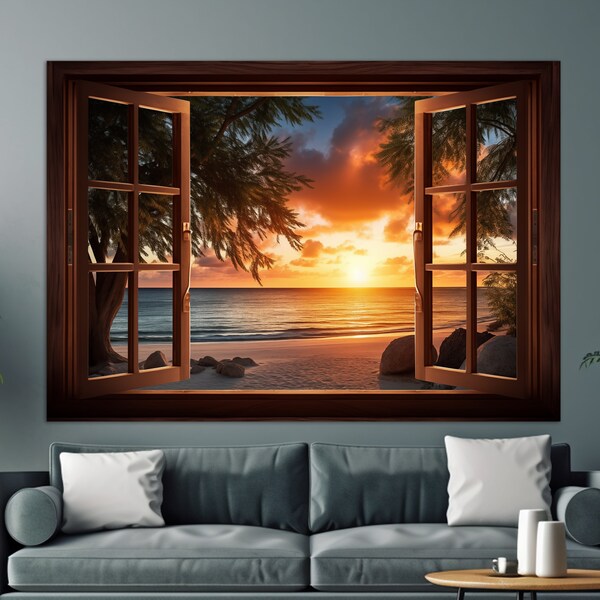 Impression sur toile Fenêtre vers un magnifique coucher de soleil sur la plage, Art mural fenêtre ouverte, Art sur toile coucher de soleil sur la plage