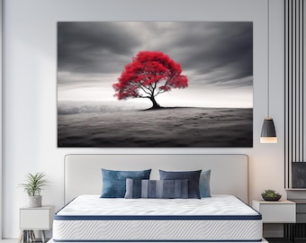 Lonely Red Tree Painting Canvas Print, Abstract Modern Wall Art, Tree With Red Leaves Painting