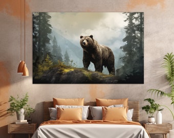 Impressão em tela de urso pardo na floresta, pintura de urso, arte de parede de urso, arte em tela de urso, impressão em tela de paisagem natural