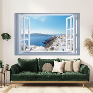 Window to Oia Village on Santorini Island Canvas Print, Open Window Wall Art, Greece Canvas Art