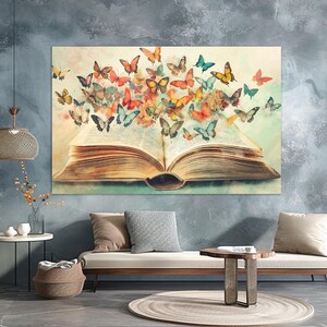 Offenes Buch mit Schmetterlingen Leinwanddruck, Vintage Bibliothek Dekor, Lese Wandkunst, Leser Geschenk, Bibliothekar Geschenk, Retro Buch Poster
