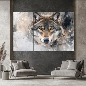 May include: A close-up of a wolf's face with a watercolor background. The wolf has brown fur and piercing yellow eyes. The background is a soft blend of gray and white.