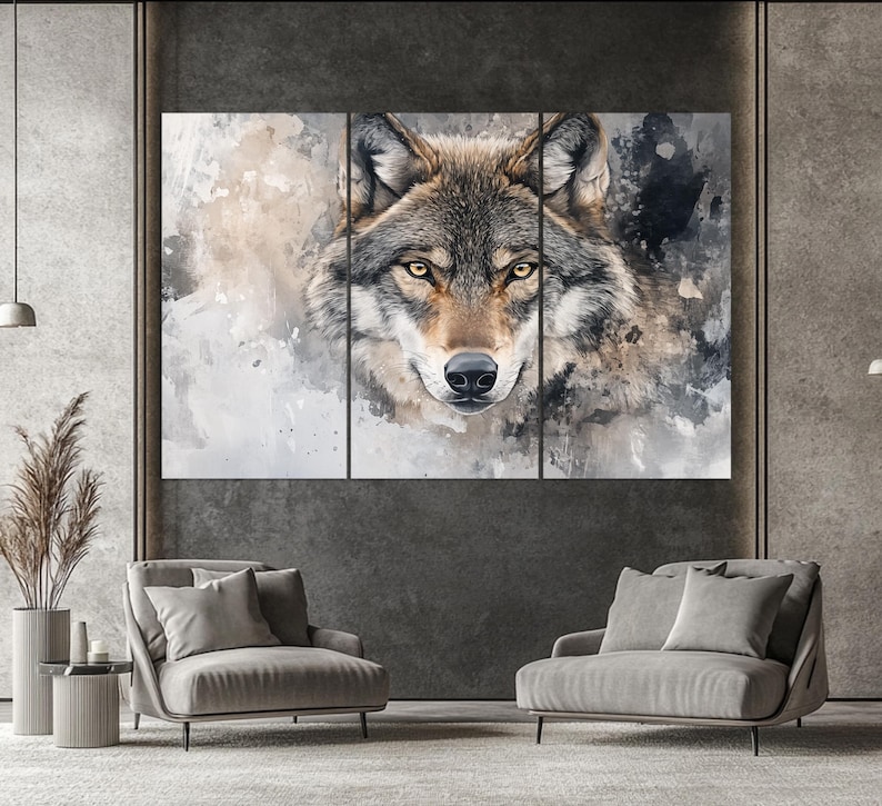 May include: A close-up of a wolf's face with a watercolor background. The wolf has brown fur and piercing yellow eyes. The background is a soft blend of gray and white.
