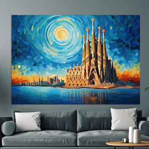 Sagrada Familia in Barcelona Abstract Canvas Print, Antoni Gaudí Wall Art, Van Gogh Style Barcelona Canvas Art