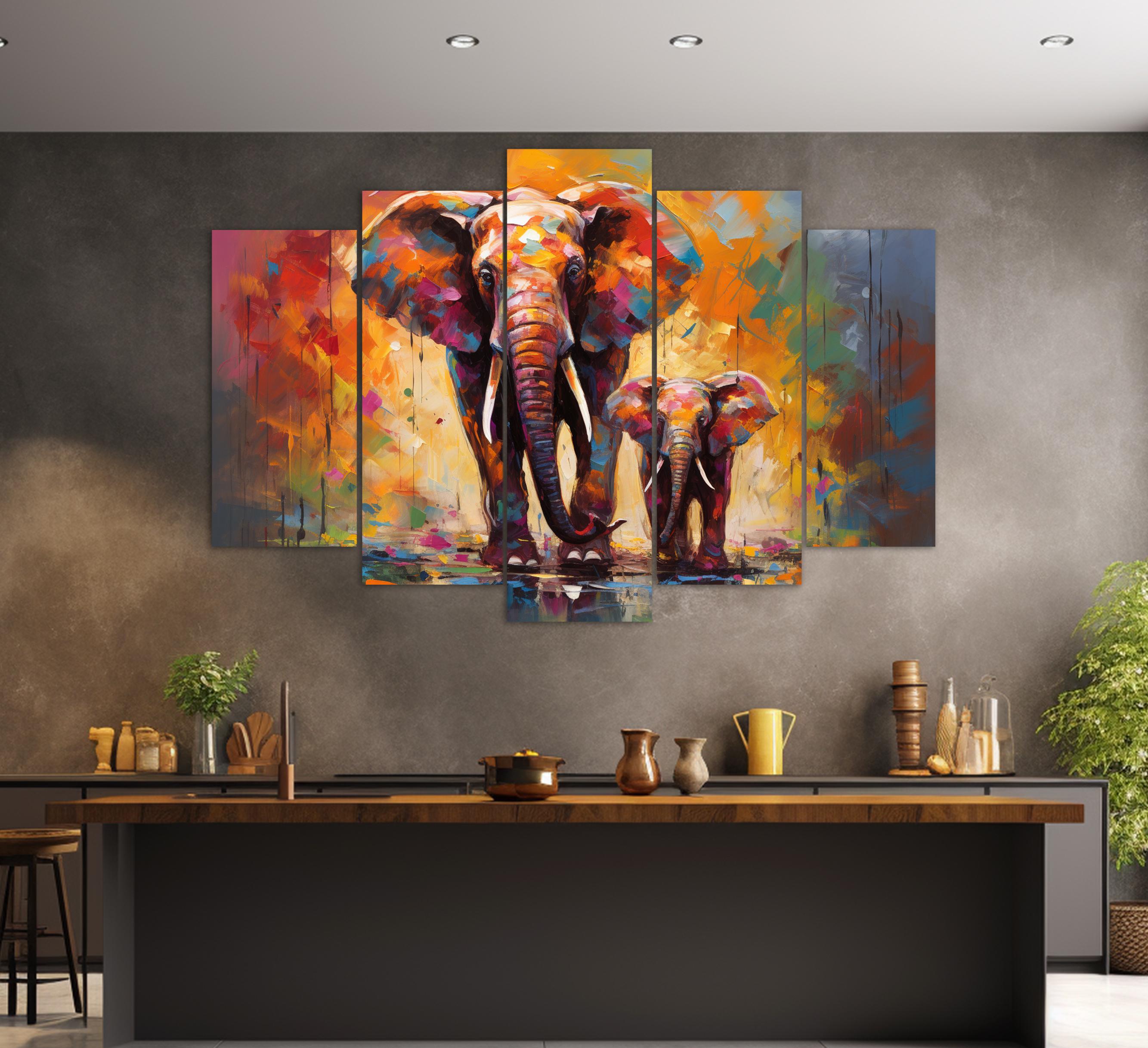 RyounoArt 3-teiliges Leinwandbild Elefanten In Blaugrün/Grau – Wanddekoration, Fertig Zum Aufhängen