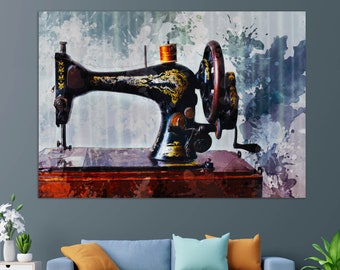 Antieke naaimachine canvasafdruk, naaikunst aan de muur, naaister cadeau, kleermaker cadeau, vintage naaimachine schilderij