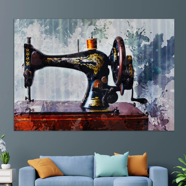 Antique Sewing Machine Canvas Print, Sewing Wall Art, Seamstress Gift, Tailor Gift, Vintage Sewing Machine Painting