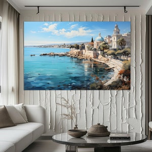 以下が含まれることがあります： 白い建物と青い海が描かれた海岸の風景画。建物はドーム型で、木々に囲まれています。海は穏やかで、空を映し出しています。