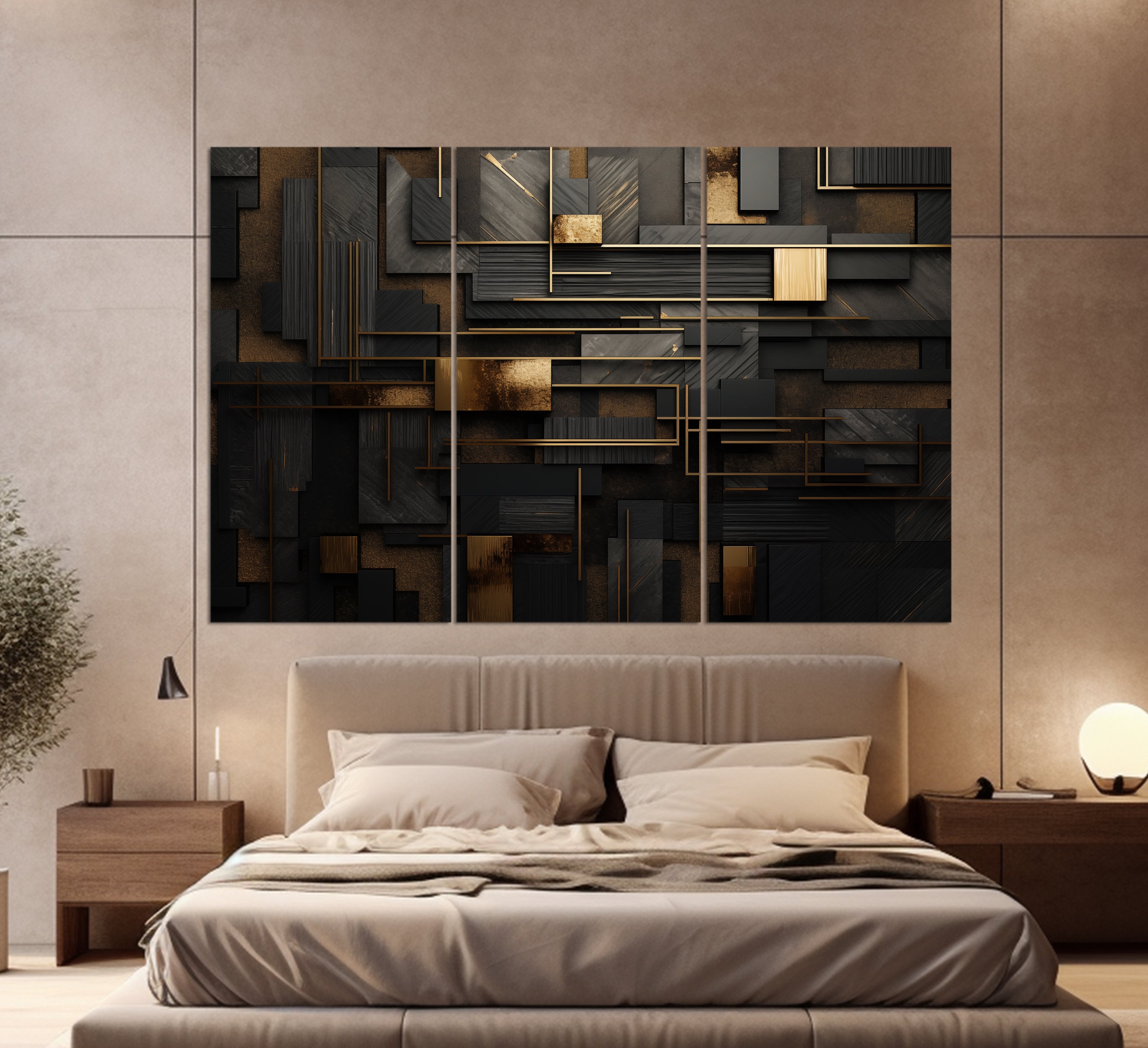 Abstract Black and Gold Geometric Canvas Print, Geometric Wall Art ...