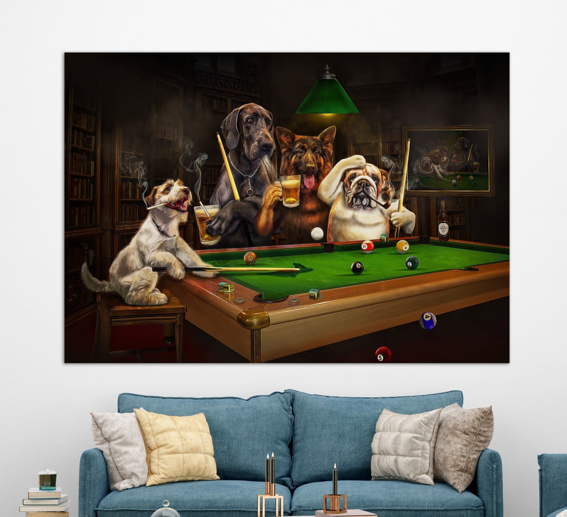 Dogs Playing Billiards Canvas Print Billiard Room Decor Etsy