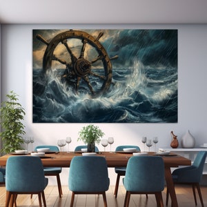 Art mural nautique, impression sur toile gouvernail, peinture roue dans l&#39;océan, peinture nautique, cadeau de skipper, cadeau de marin, art mural voile