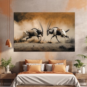 Antelopes Fight Canvas Print, Animals Wall Art, Oryxes Poster, Oryx Canvas Print, Antelopes Paintings, Antelopes Wall Art