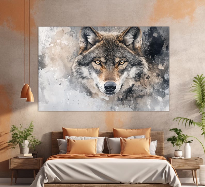 May include: A close-up of a wolf's face with a watercolor background. The wolf has a gray and brown coat with a black nose and piercing yellow eyes.