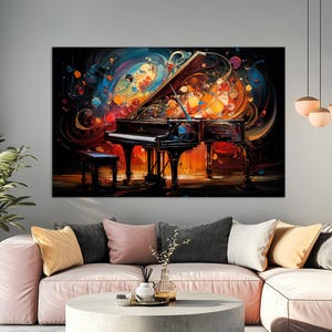 Pu&ograve; includere: Un dipinto astratto colorato di un pianoforte a coda con colori vorticosi e note musicali. Il pianoforte &egrave; nero e bianco con una cornice in legno. Il dipinto &egrave; su uno sfondo scuro.