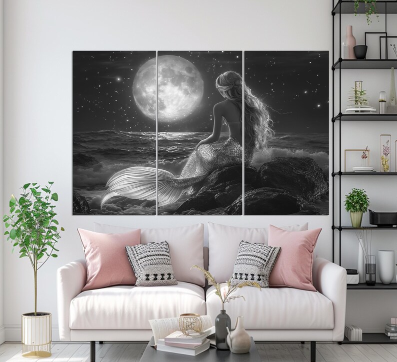 Beautiful Mermaid With Golden Hair by the Sea Canvas Print, Full Moon ...