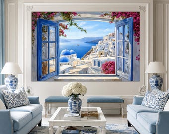 Window to Santorini Island Canvas Print, Open Window Wall Art, Greece Canvas Art, Seascape from Window, Santorini Wall Art