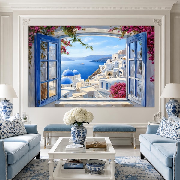 Raam naar het eiland Santorini canvasafdruk, open raam kunst aan de muur, Griekenland canvas kunst, zeegezicht vanuit het raam, Santorini kunst aan de muur