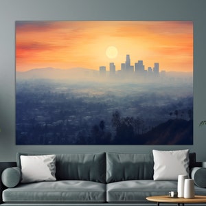 Toile d'horizon brumeux de Los Angeles, peinture abstraite de Los Angeles, art mural Los Angeles