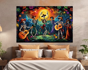 Day Of The Dead Wall Art, Mexican Painting, Skeleton Playing Guitar Canvas Print, Day Of The Dead Gift
