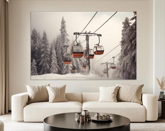 Impresión en lienzo de telesilla, pintura invernal, arte abstracto de pared de esquí, pintura de telesilla, regalo para esquiadores, regalo para instructores de esquí