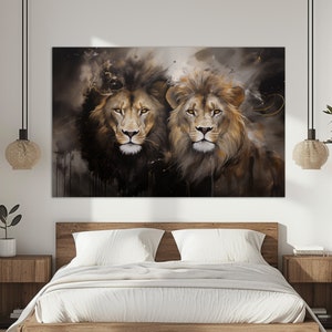 Lions Wall Art, Lions Canvas Print, Lion and Lioness Painting, Romantic Wall Art