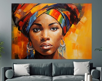 May include: A painting of a woman with dark skin wearing a colorful head wrap and large earrings. The background is a mix of yellow, orange, and brown.